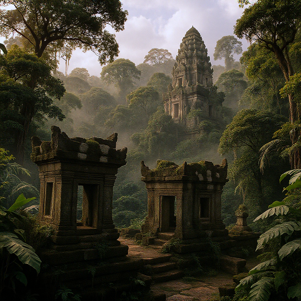 Ancient temple ruins in lush rainforest setting, Indonesia