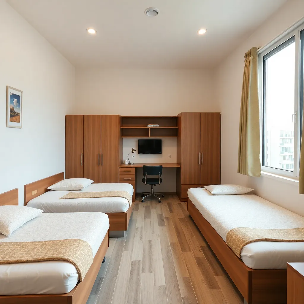 Triple sharing room with three beds, study area and ample storage in spacious PG room