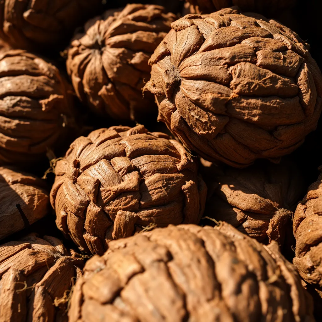 Closeup image showing rich brown coconut shells in natural lighting emphasizing texture