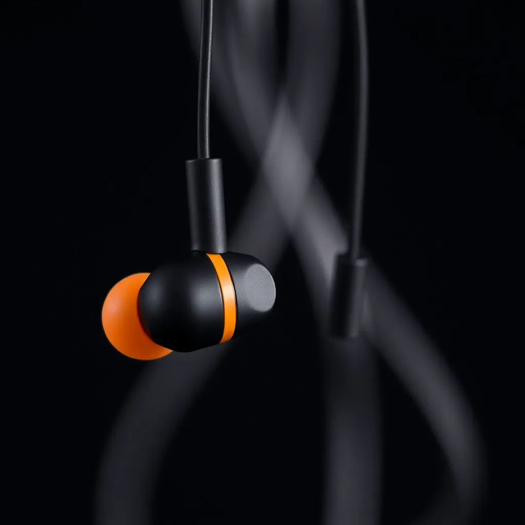 Black and orange in-ear earbuds with cables hanging against a dark background