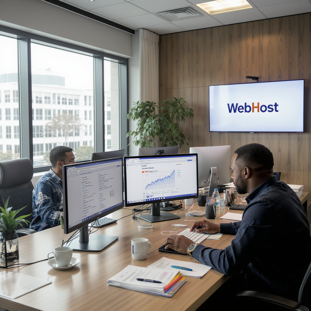 Équipe WebHost travaillant dans un bureau moderne à Douala