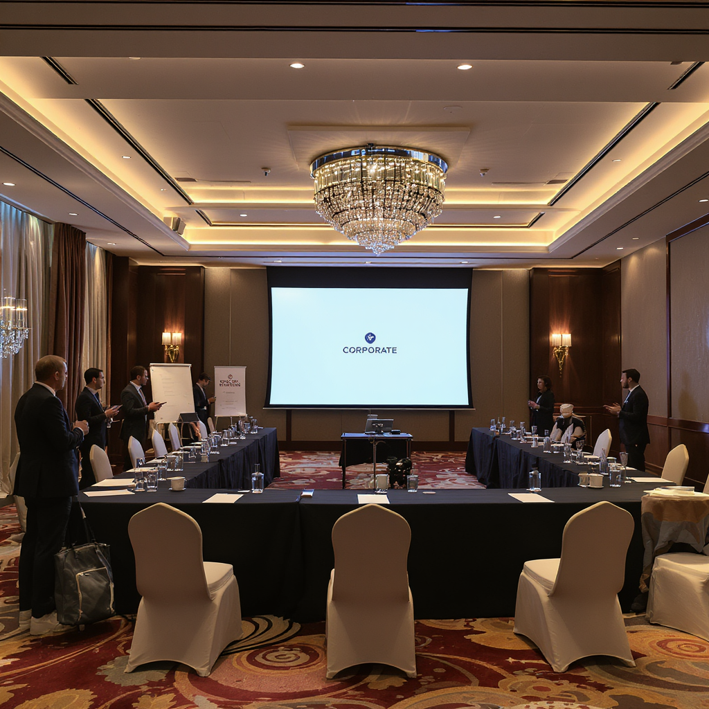 Professional corporate event setup with conference tables, presentation screen, modern lighting, business people networking in elegant hotel ballroom setting