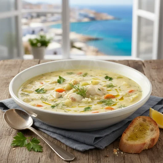 Soupe de poisson grecque avec Avgolemono (Psarosóupa Avgolemonó)