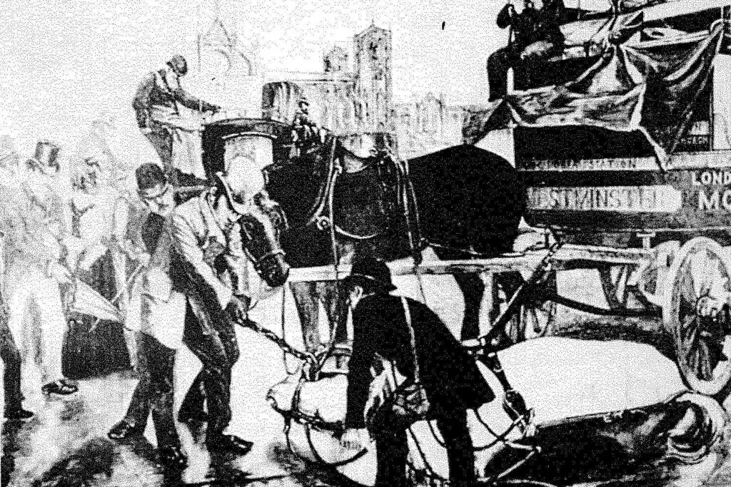 Old black and white image of collapsed horse hitched to a stage coach being helped by policemen