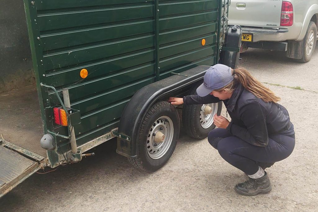 Green horse trailer hitched up to a silver pickup truck having it's tyres inspected by a member of stable yard staff prior to travelling a horse