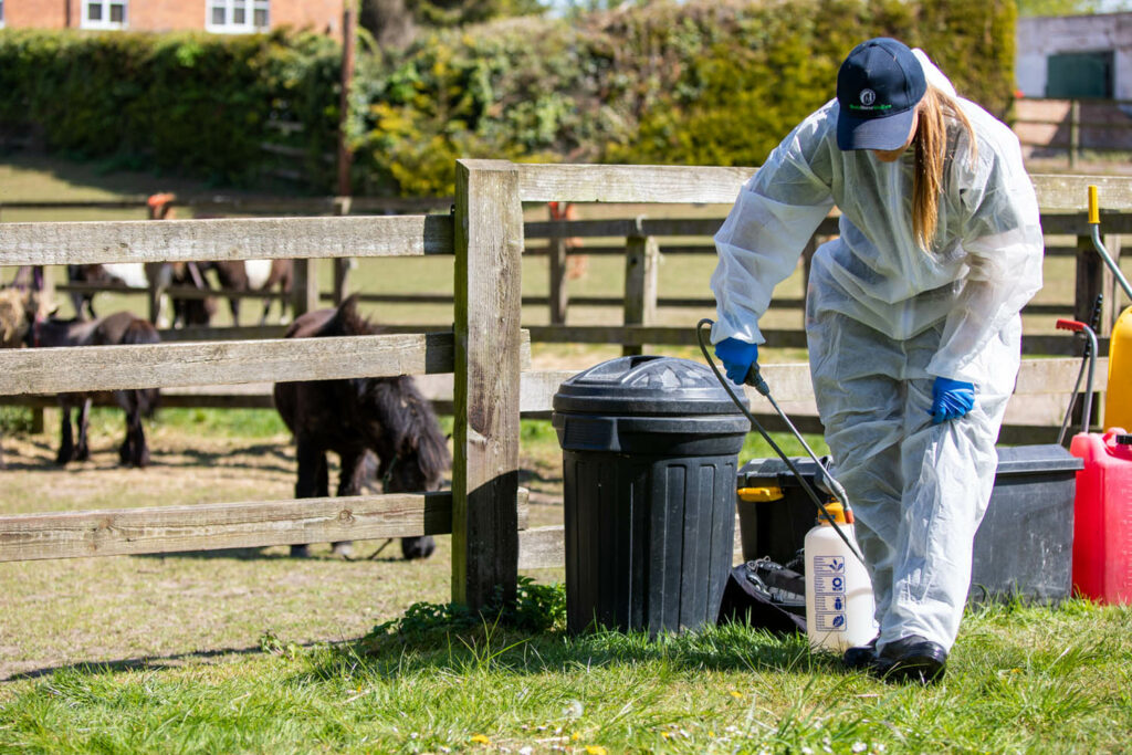 A groom wearing biosecurity personal protective equipment including white overalls spraying disinfectant on their boots