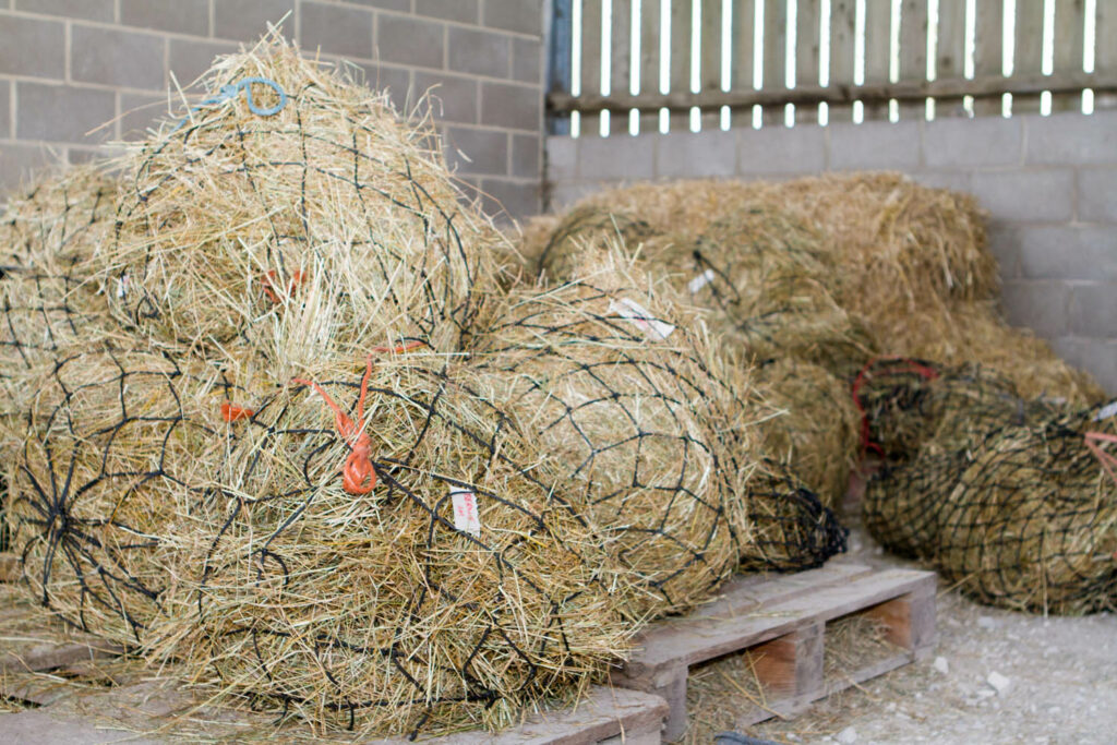 Twelve black wide holed hay nets stacked on wooden pallets in front of an open bale of hay in a barn