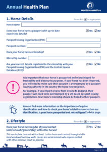 World Horse Welfare Annual Health Plan form with questions and answer boxes