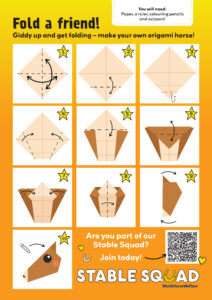 A graphic showing steps to fold a square piece of paper to make the shape of a horse head with the words Fold a friend! Giddy and get folding - make your own origami horse!