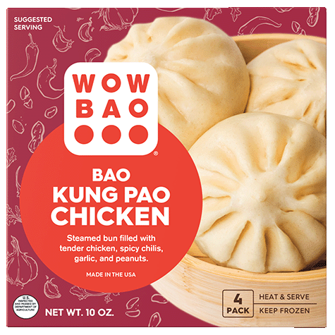 A box of 4-pack Kung Pao Chicken frozen bao, that you can buy at your local grocery store.