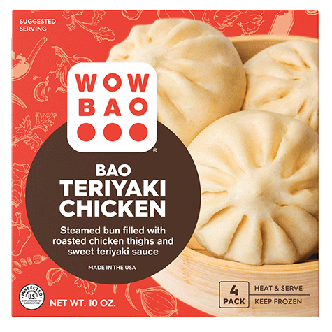 A box of 4-pack Teriyaki Chicken frozen bao, that you can buy at your local grocery store.