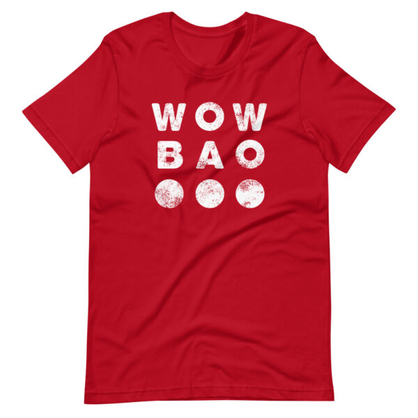 A red tshirt with a white Wow Bao Logo in the center.