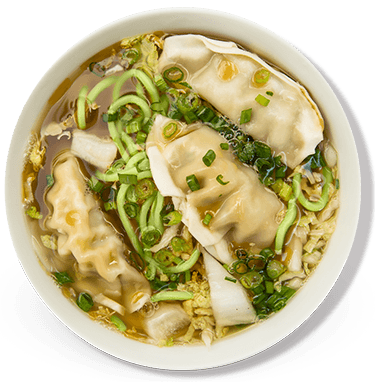 A bowl of dumpling noodle soup