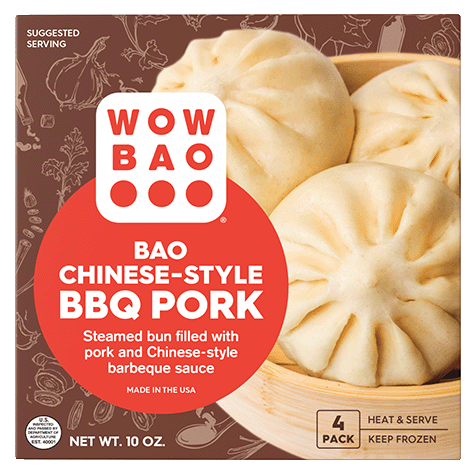 A box of 4-pack Chinese-Style BBQ Pork frozen bao, that you can buy at your local grocery store.