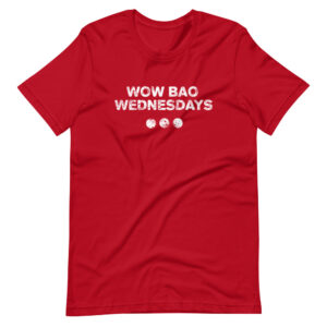 Red tshirt with "Wow Bao Wednesdays" in the center with 3 dots below it