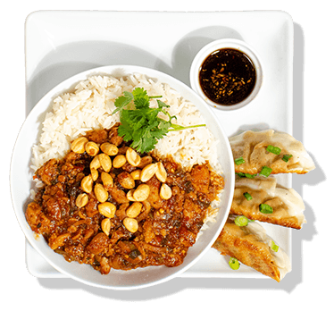 3 potstickers and teryiaki chicken bowl combo, with a cup of soy ginger dipping sauce