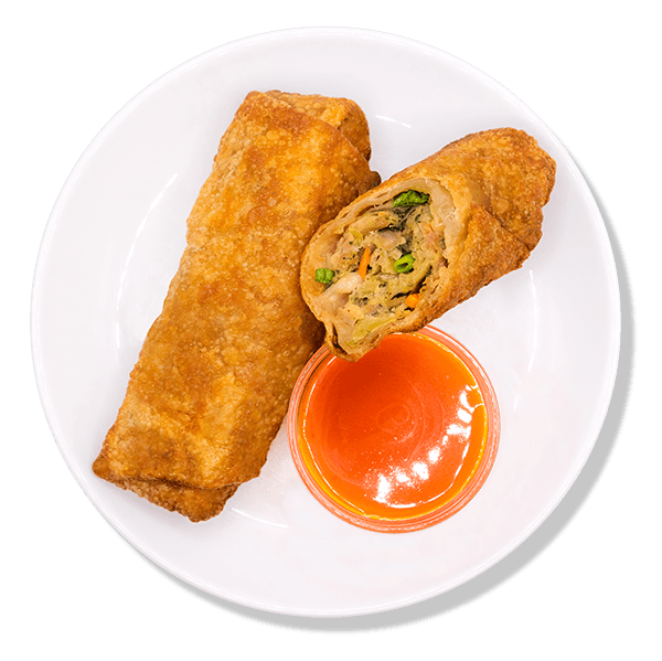 two egg rolls with a cup of sweet & sour dipping sauce