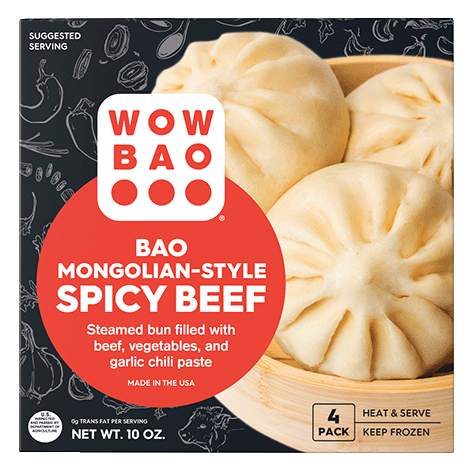 A box of 4-pack Mongolian-Style Spicy Beef frozen bao, that you can buy at your local grocery store.