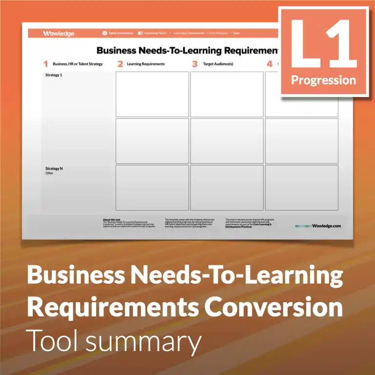 The Business Needs-To-Learning Requirements Conversion Tool: Define Learning Objectives for Learning and Development Programs.