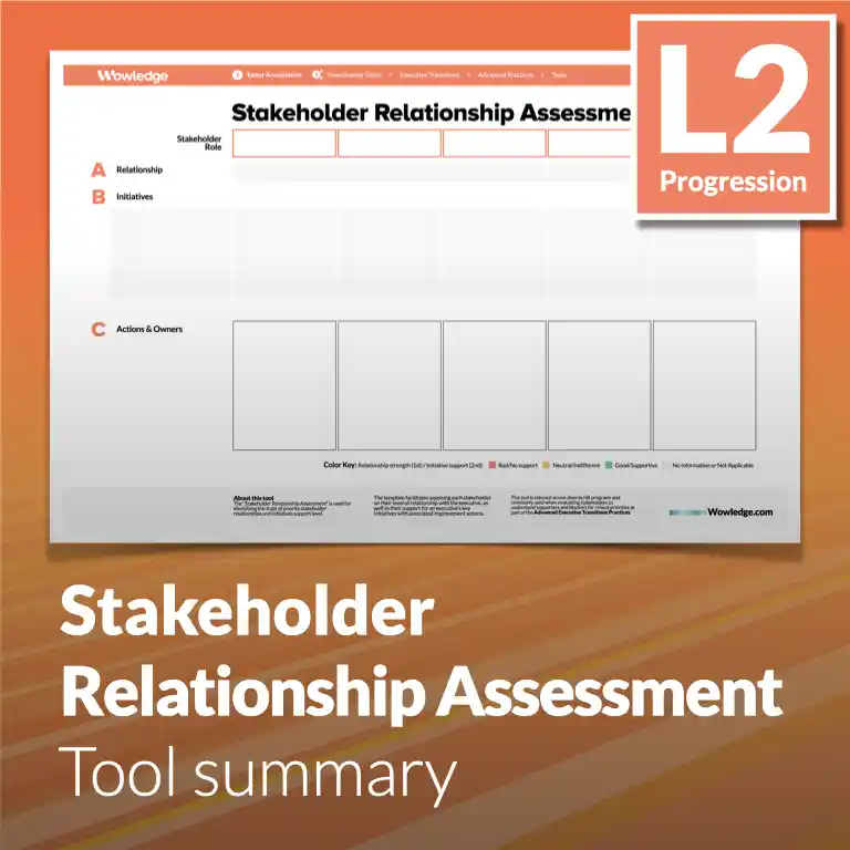 The Stakeholder Relationship Assessment Tool: Identify the Support Level State of Priority Stakeholder Relationships and Initiatives.