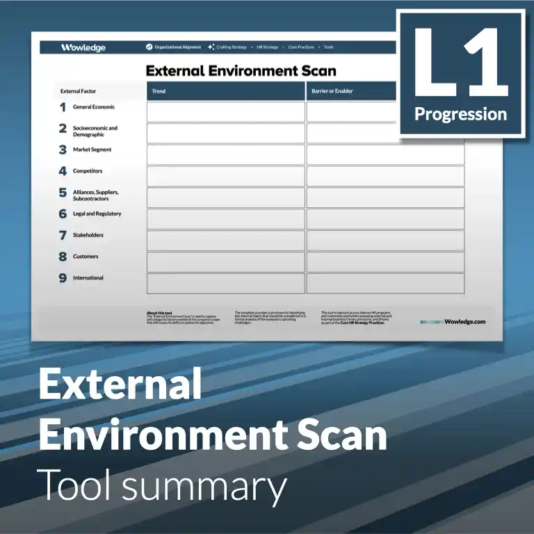 The External Environmental Scan Tool: Capture and Categorize Factors Outside of the Company’s Scope Impacting its Objectives.