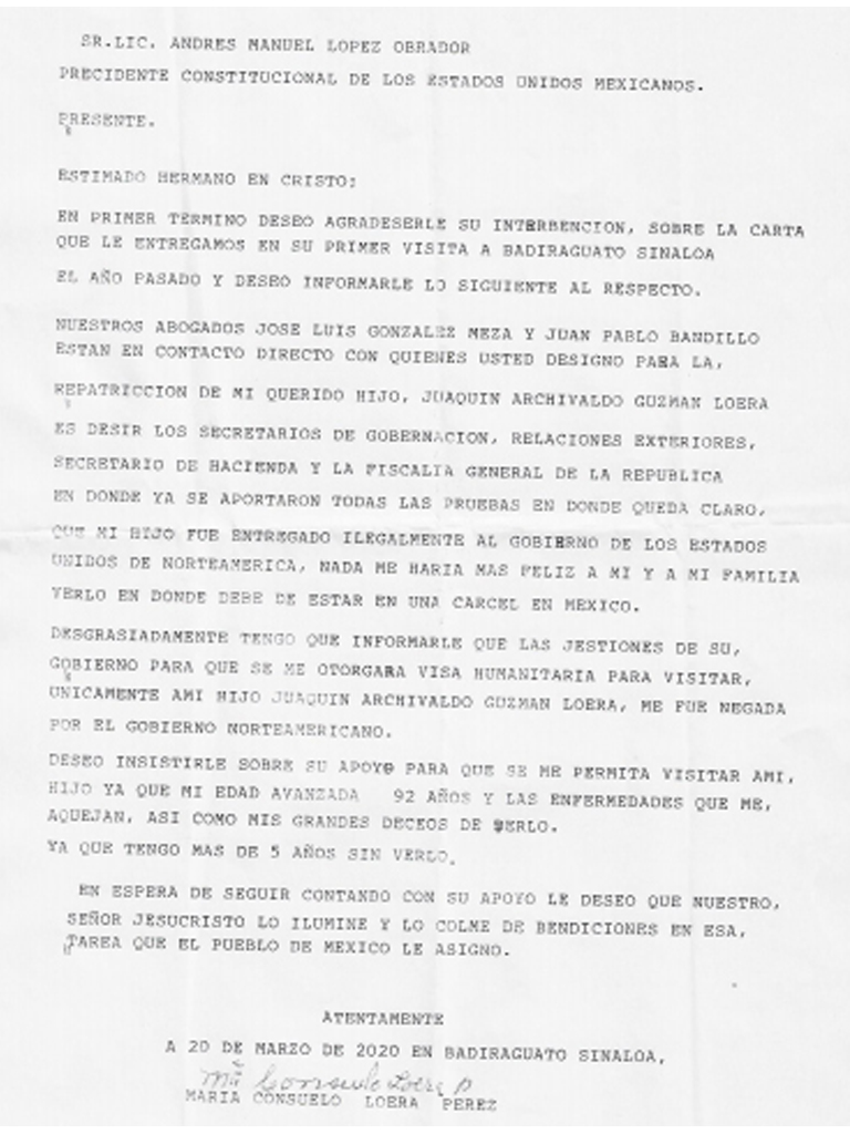 Esta es la carta que entregó la mamá del ‘Chapo’ a AMLO