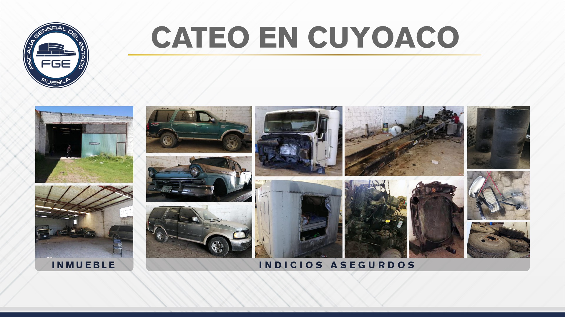 FGE aseguró en Cuyoaco inmueble con unidades y autopartes