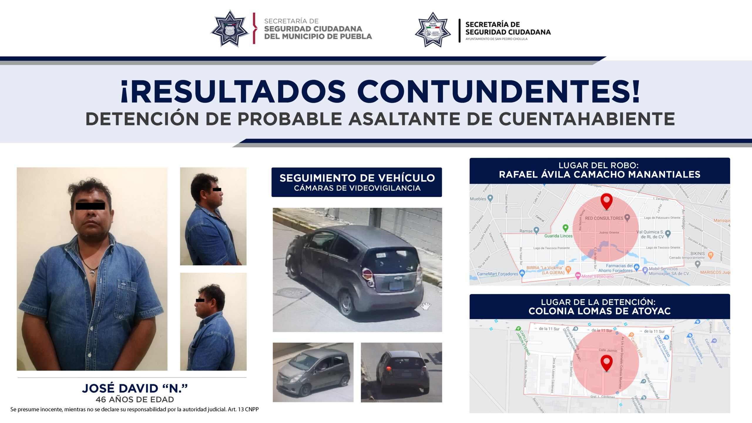 Detuvieron Policías Municipales de Puebla y San Pedro Cholula a probable asaltante de cuentahabiente