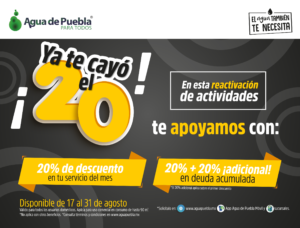 Agua de Puebla ofrece 20% de Descuento en el pago del servicio del mes vigente