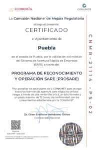 Recibe Ayuntamiento de Puebla certificado para apertura rápida de empresas