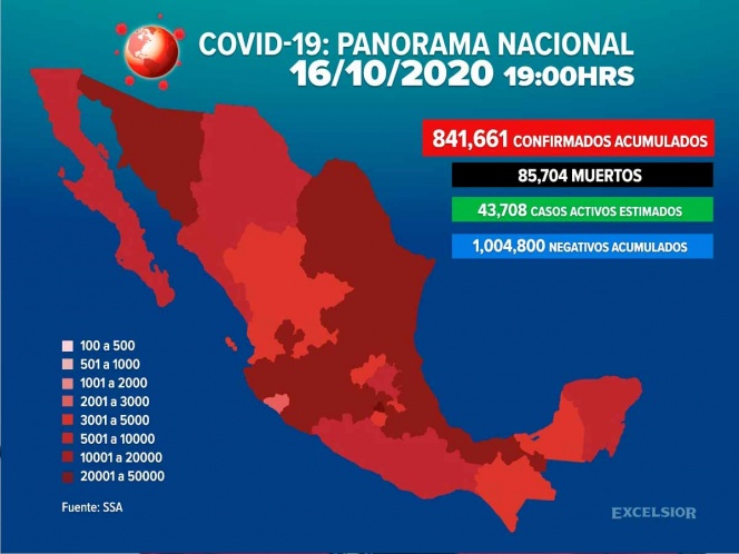 Llega México a 841,661 casos positivos de covid