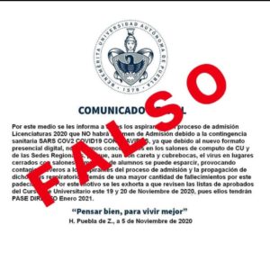 Es fake news comunicado que circula en redes sociales de suspensión de examen de admisión: BUAP