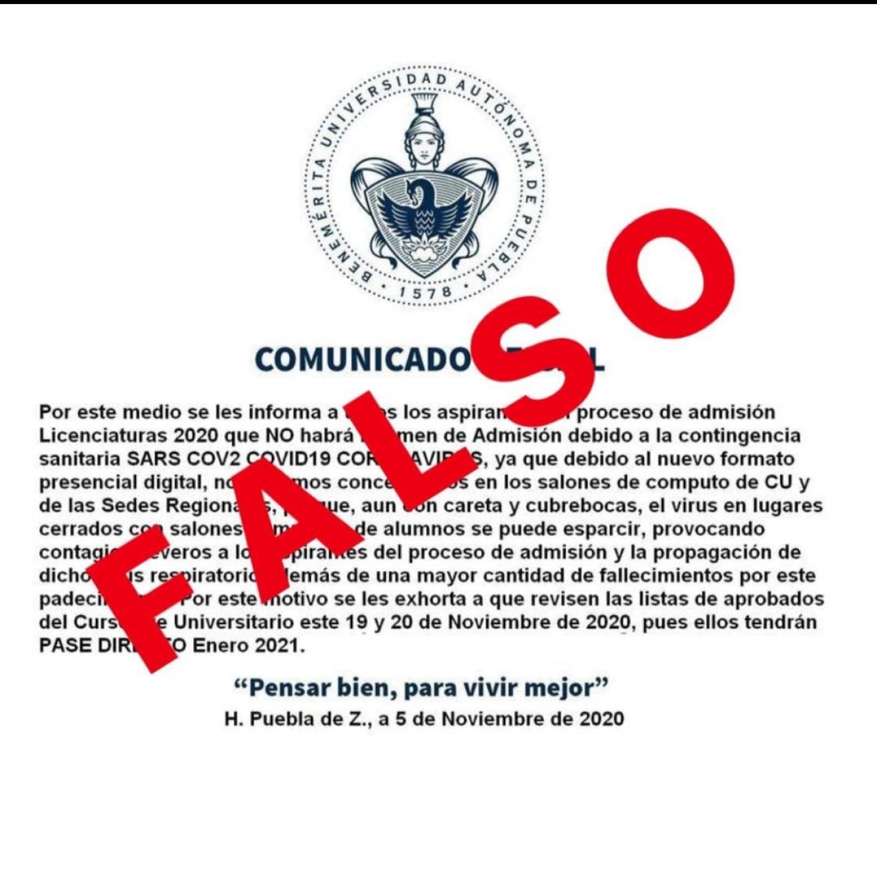 Es fake news comunicado que circula en redes sociales de suspensión de examen de admisión: BUAP