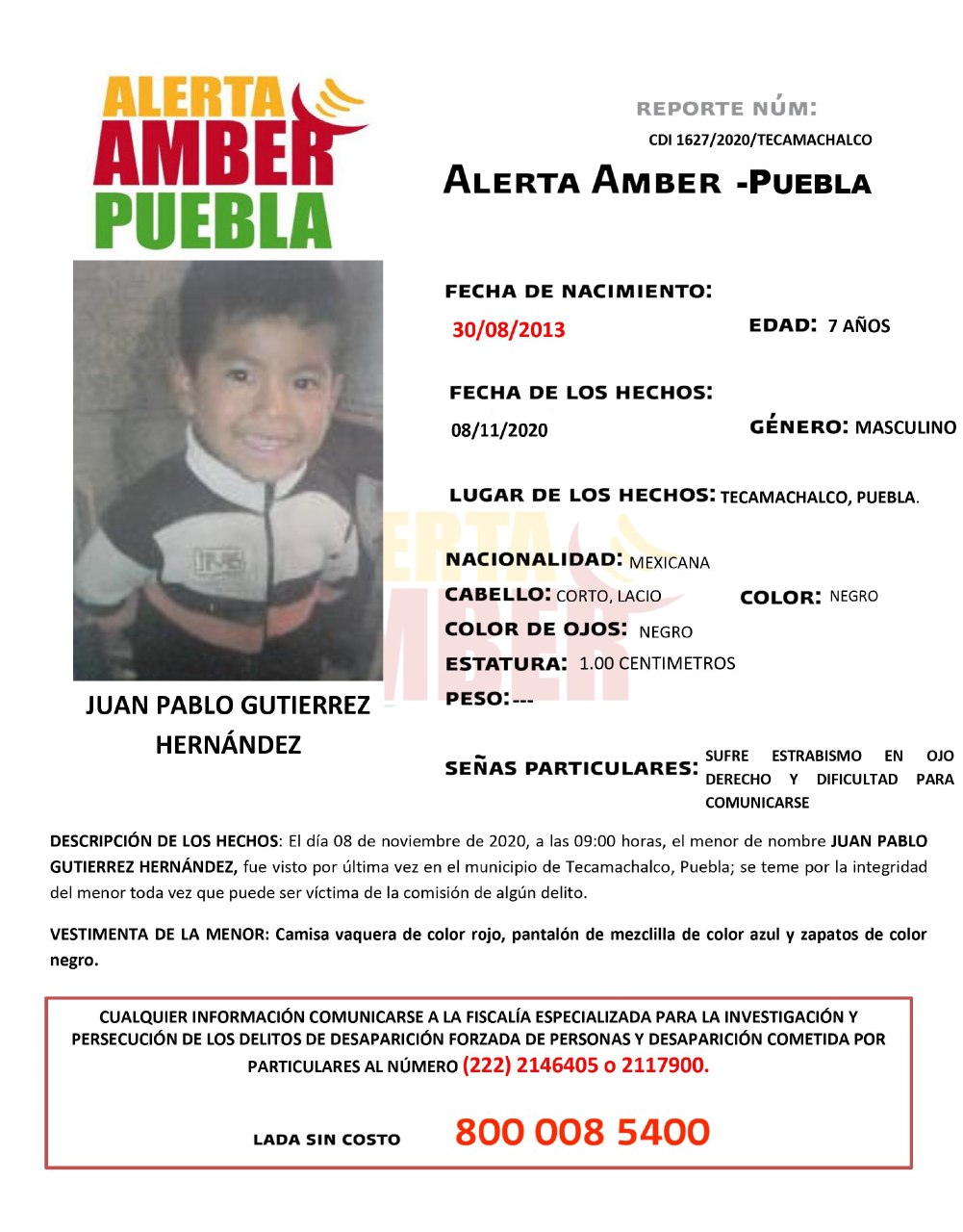 Fiscalía de Puebla activa Alerta Amber para localizar a menor de 7 años de edad