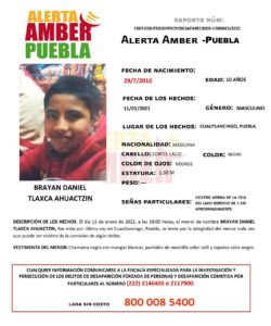 FGE Puebla activa Alerta Amber para localizar a menor de 10 años de edad