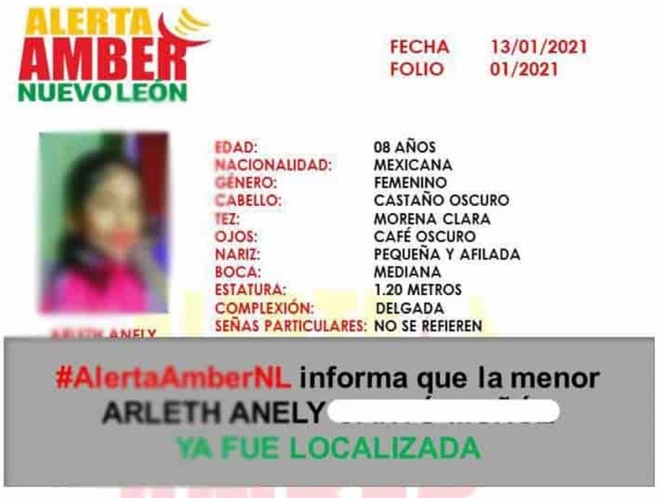 Hallan con vida a niña reportada como desaparecida en Nuevo León