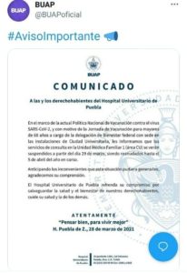 Por vacunación anti Covid, BUAP suspende servicios de consulta de la Unidad Médica Familiar en C.U