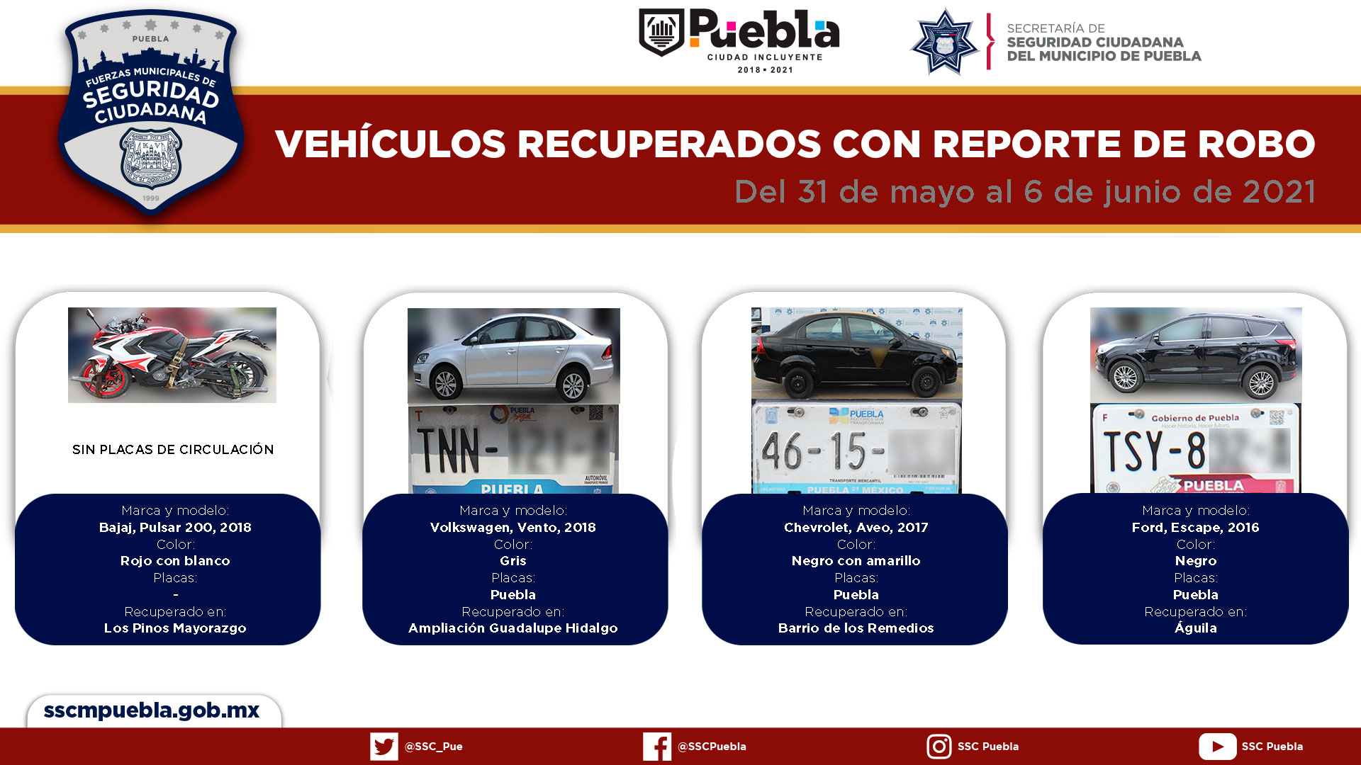 En la última semana, recuperó policía municipal de Puebla siete vehículos con reporte de robo