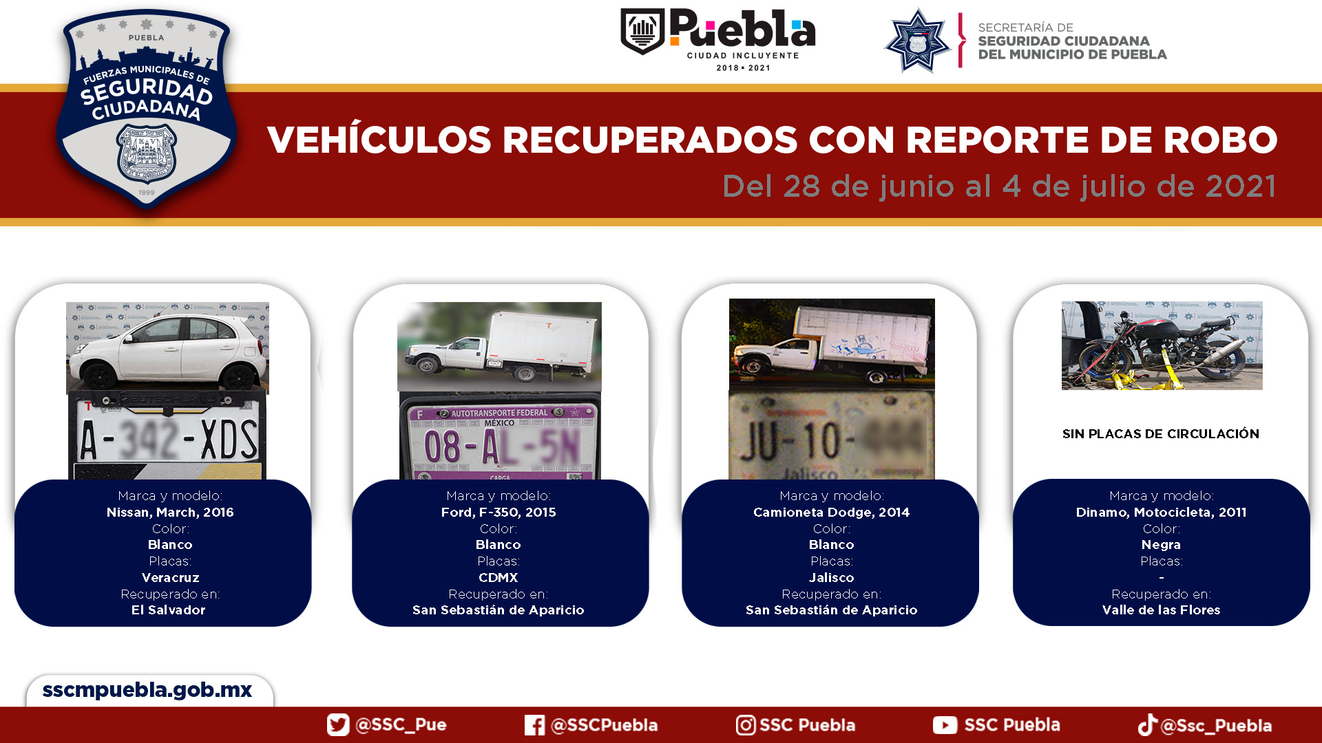 Recuperó policía municipal de Puebla más de una decena de vehículos con reporte de robo