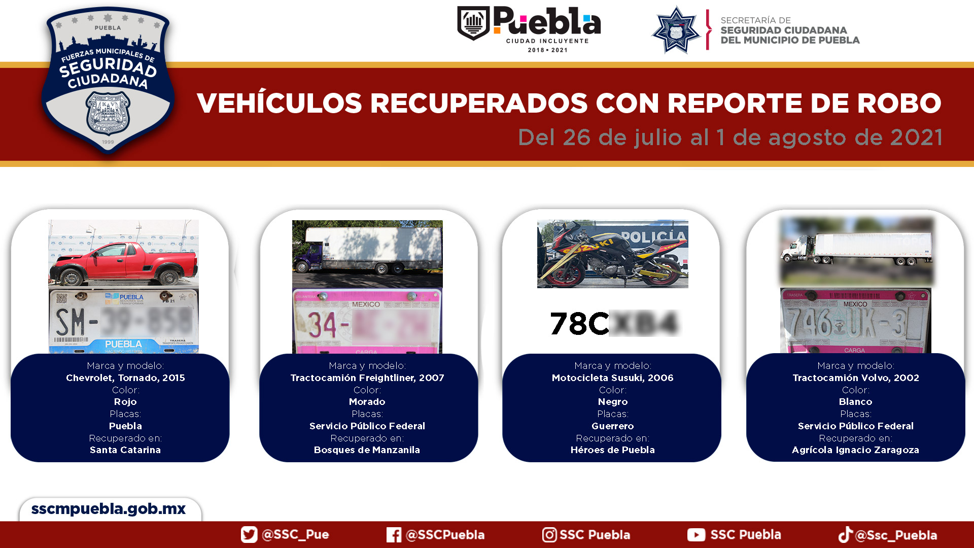 En la última semana recuperó policía municipal de Puebla siete vehículos con reporte de robo