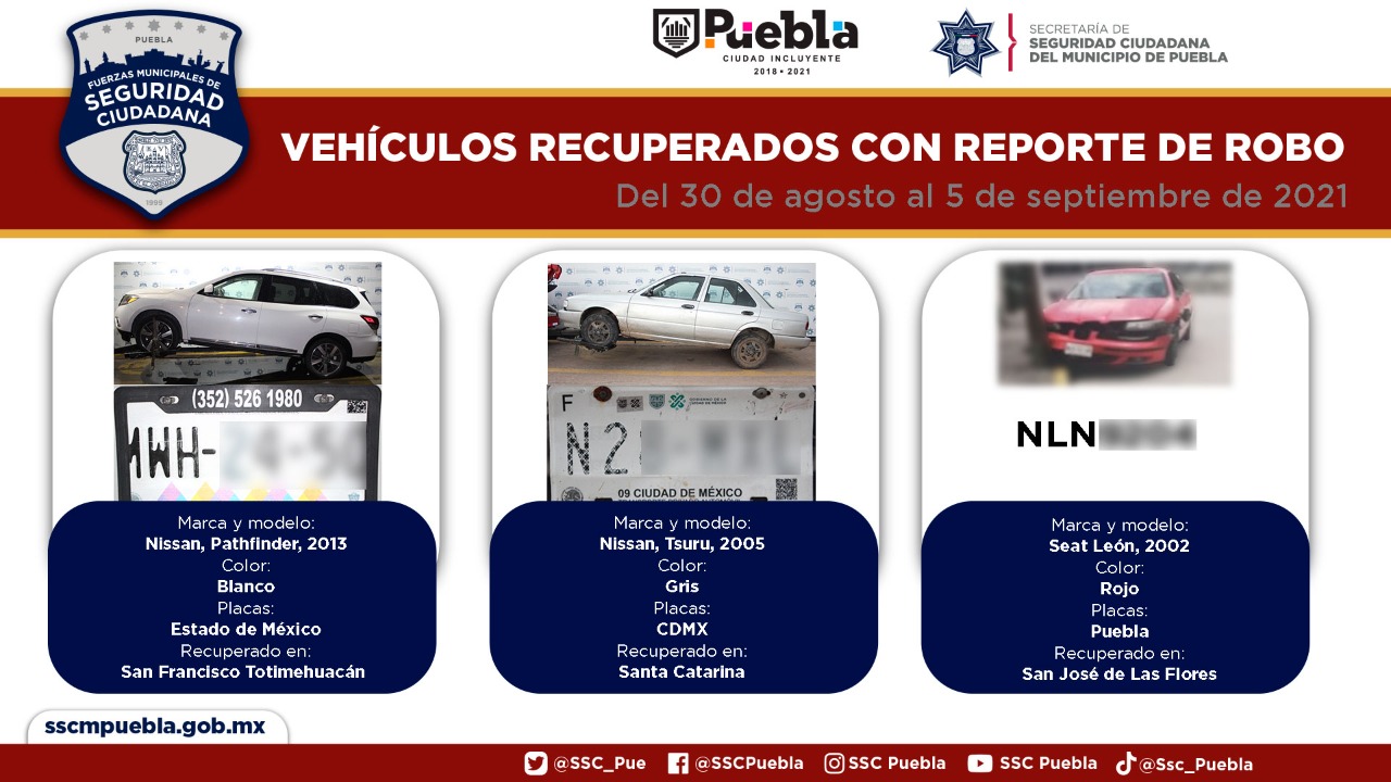 En la última semana, recuperó policía municipal de Puebla seis vehículos con reporte de robo