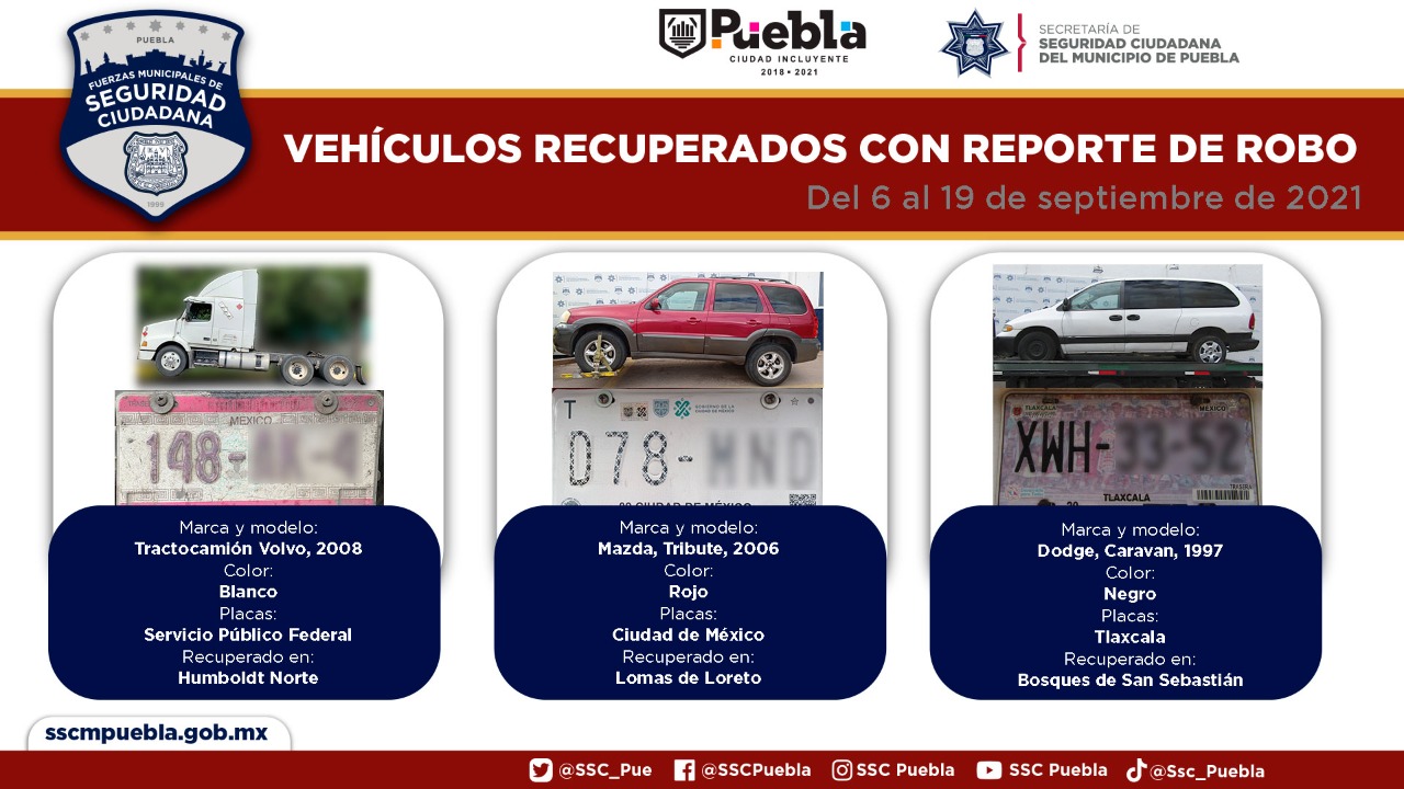 Exitosamente, recuperó Policía Municipal de Puebla siete vehículos con reporte de robo