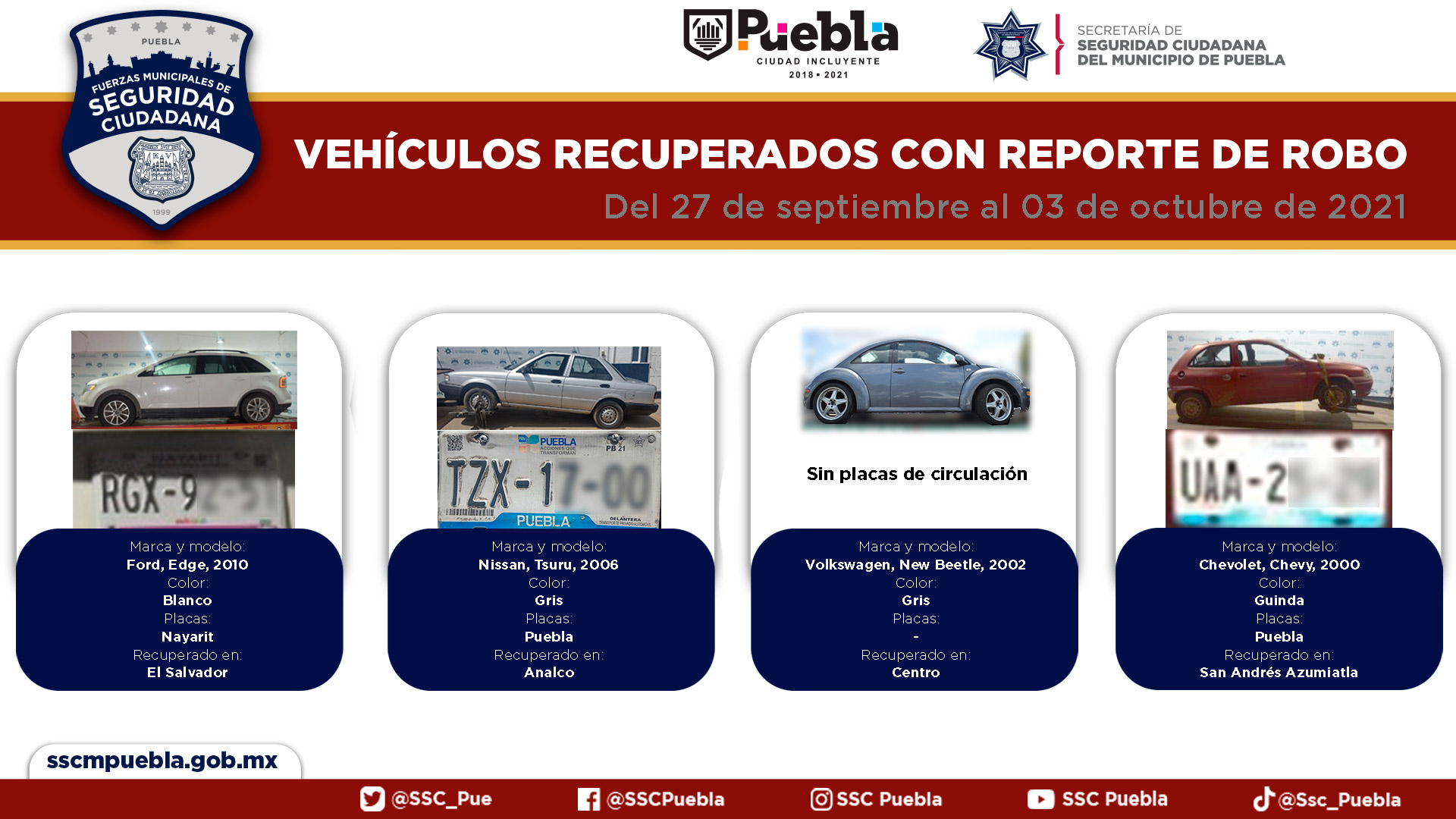 Remitió Policía Municipal de Puebla 19 vehículos ante el Agente del Ministerio Público
