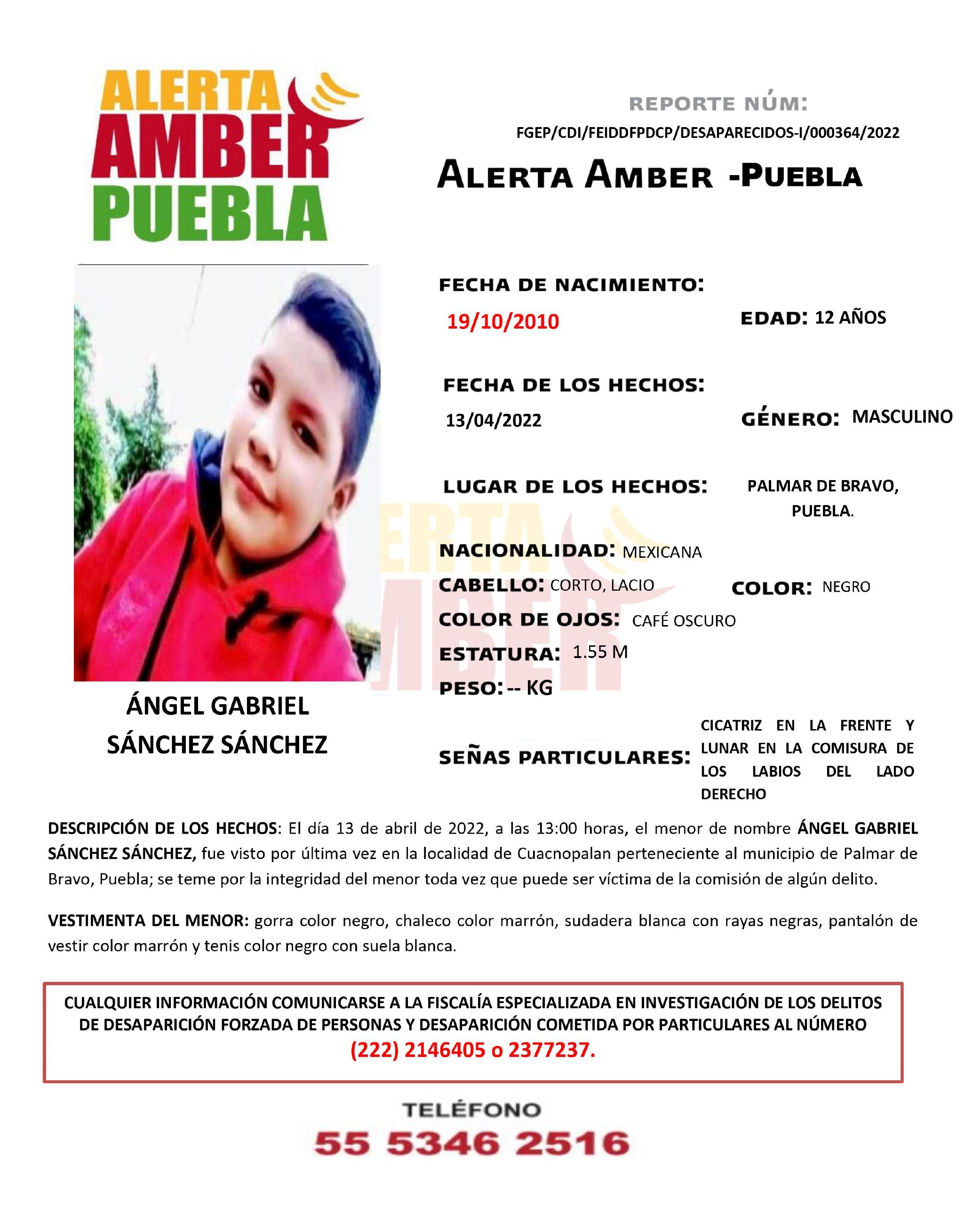 Fiscalía Puebla activa Alerta Amber para ubicar a menor de 12 años