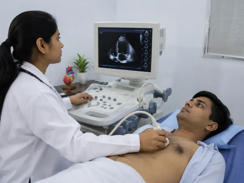 Real-time cardiac monitor displaying Doppler flow and 2D Echo Test results at Henotic Diagnostics