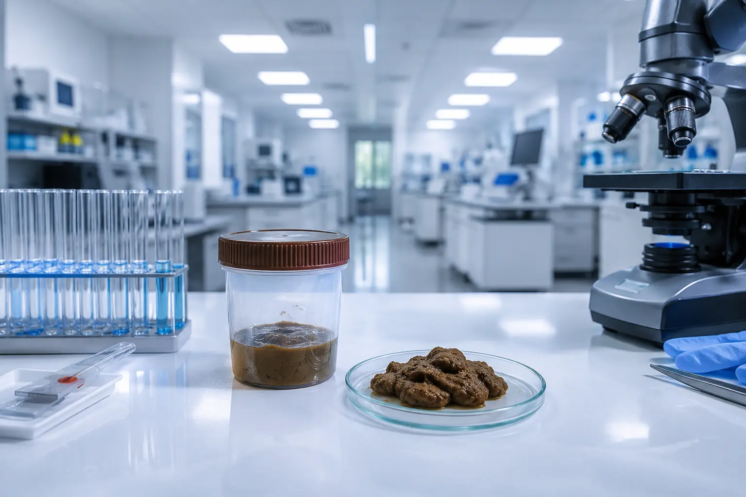 Advanced medical microscopy equipment examining clinical pathology stool test samples