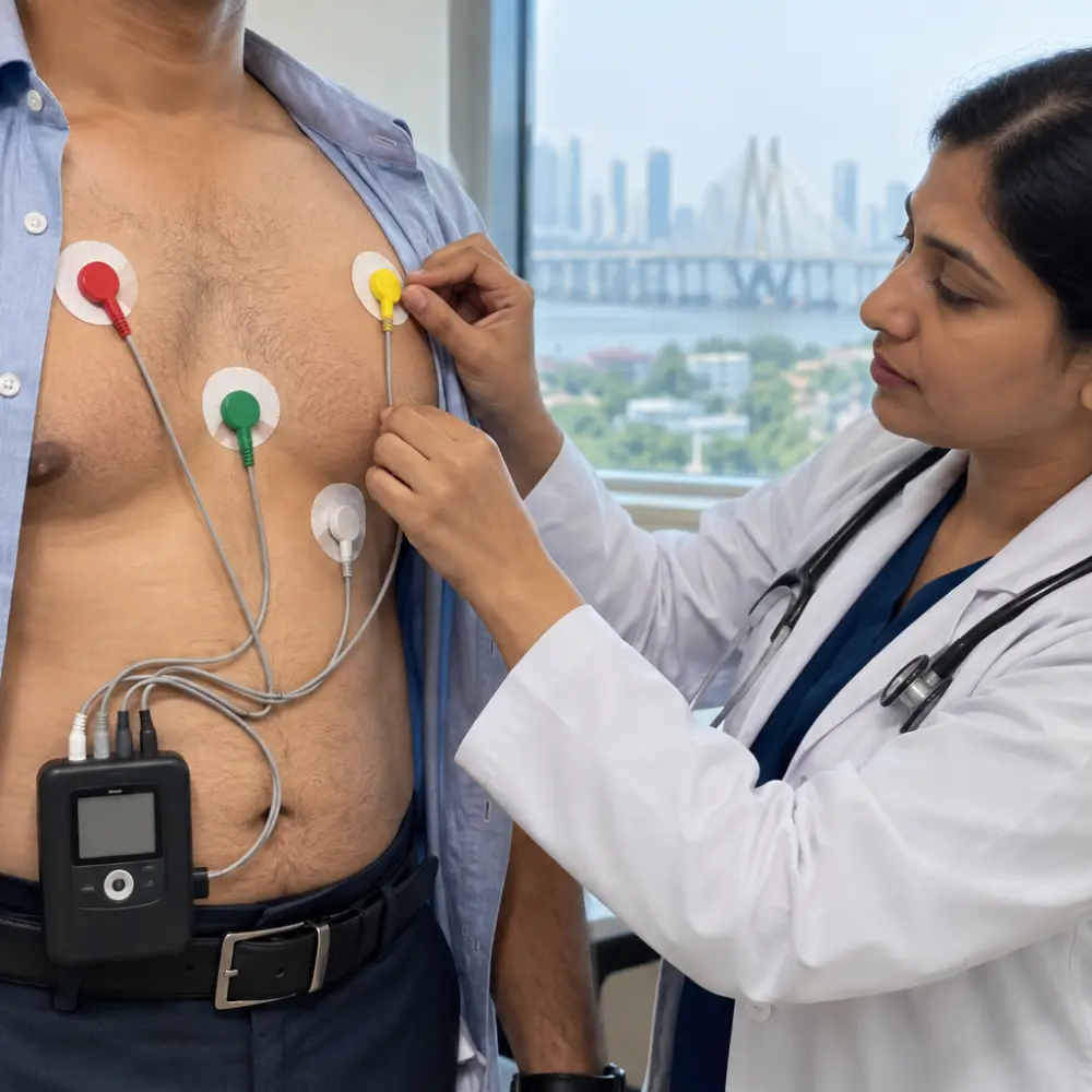Patient undergoing an Ambulatory Blood Pressure Monitoring (ABPM) Test