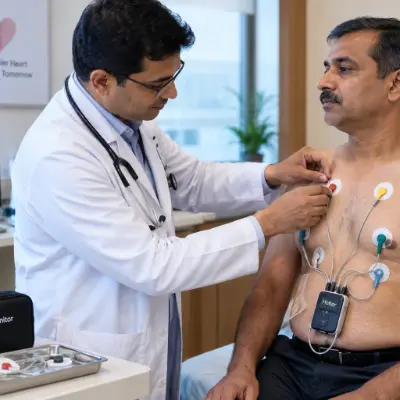 Cardiologist performing automated Bp Monitoring setup and cuff fitting