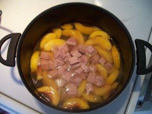 cooking ham and peaches