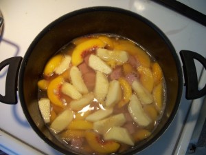 cooking ham, apples, and peaches